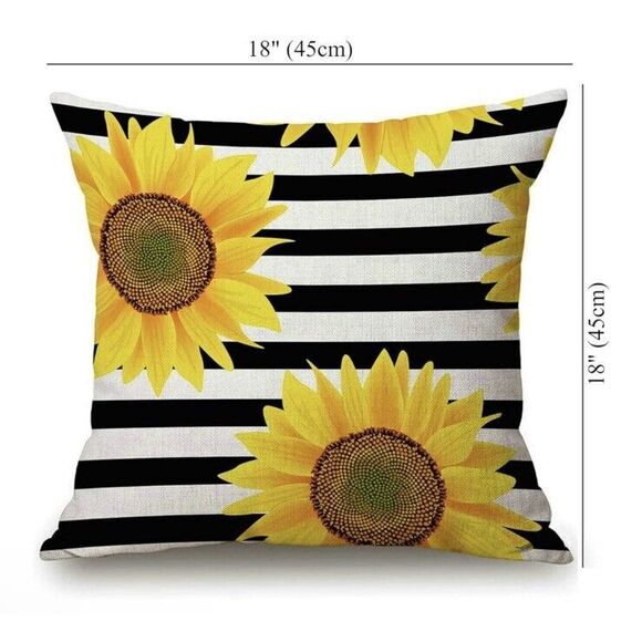 Black and White Striped Sunflower Creative Yellow Decorative Throw Pillow Cov... - Picture 4 of 5